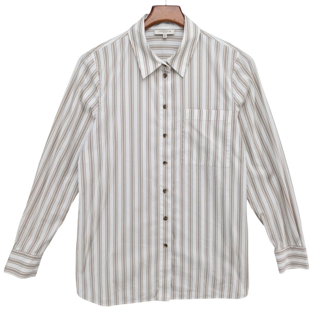 Lafayette 148 Ruxton Shirt Womens Smoked Taupe Stripe Button Down Top Size M